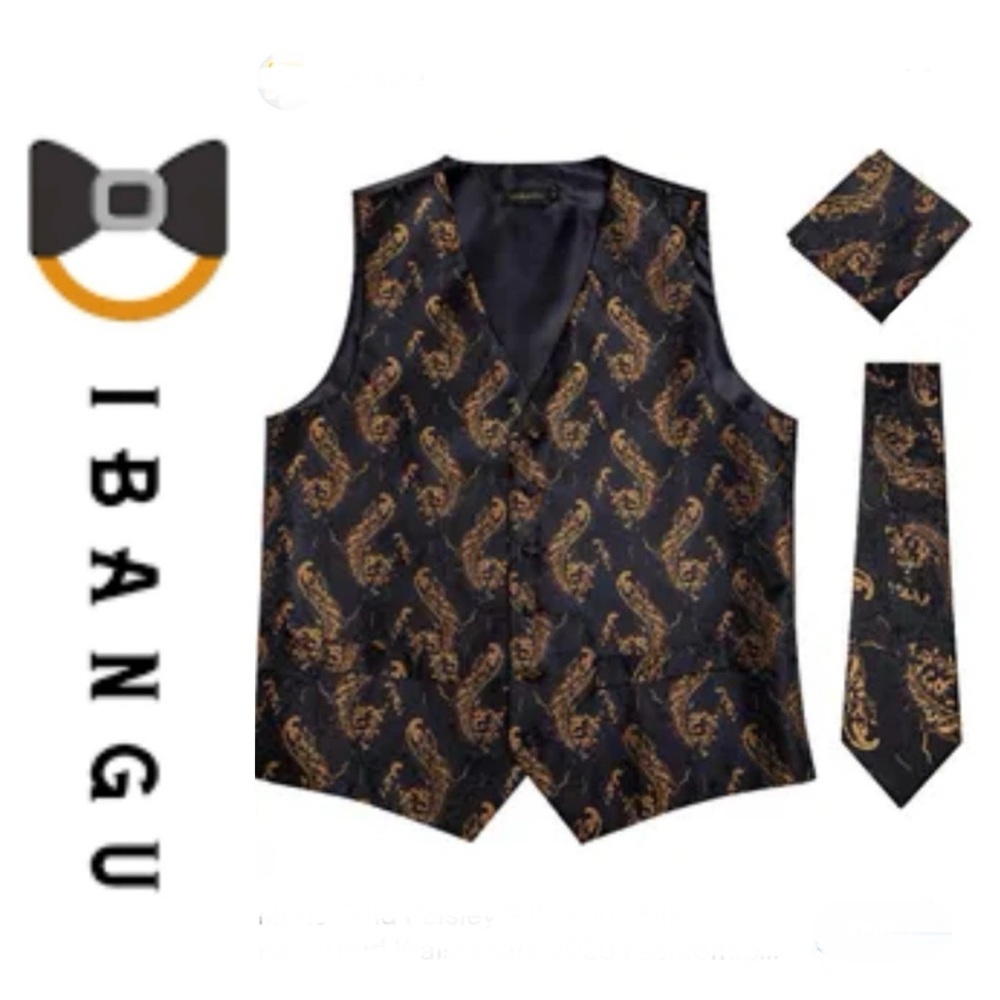 Formal Black & Gold Paisley Suit Vest and matching Necktie and Pocket Square